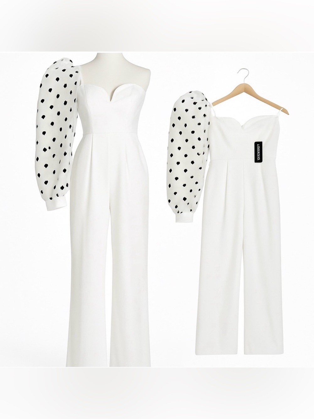 Nasty Gal White Strapless Jumpsuit with Black Polka-Dot Puff Sleeve